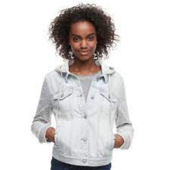 MUDD GRAY AND WHITE Y2K JEAN JACKET WITH KNIT SLEEVES - SZ S - Picture 1 of 16